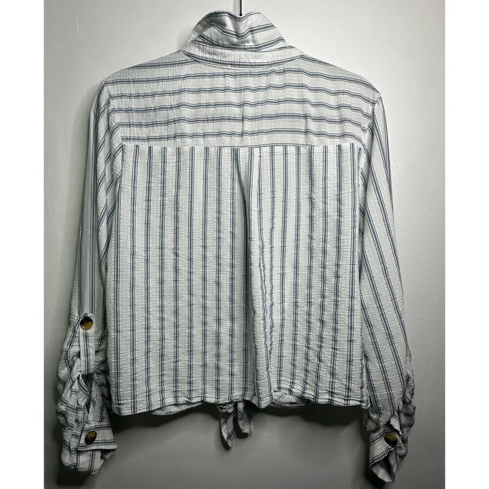 Primark Women’s Size 12 Linen Blend Blouse Striped Tie Front Coastal Lightcore - Picture 5 of 5